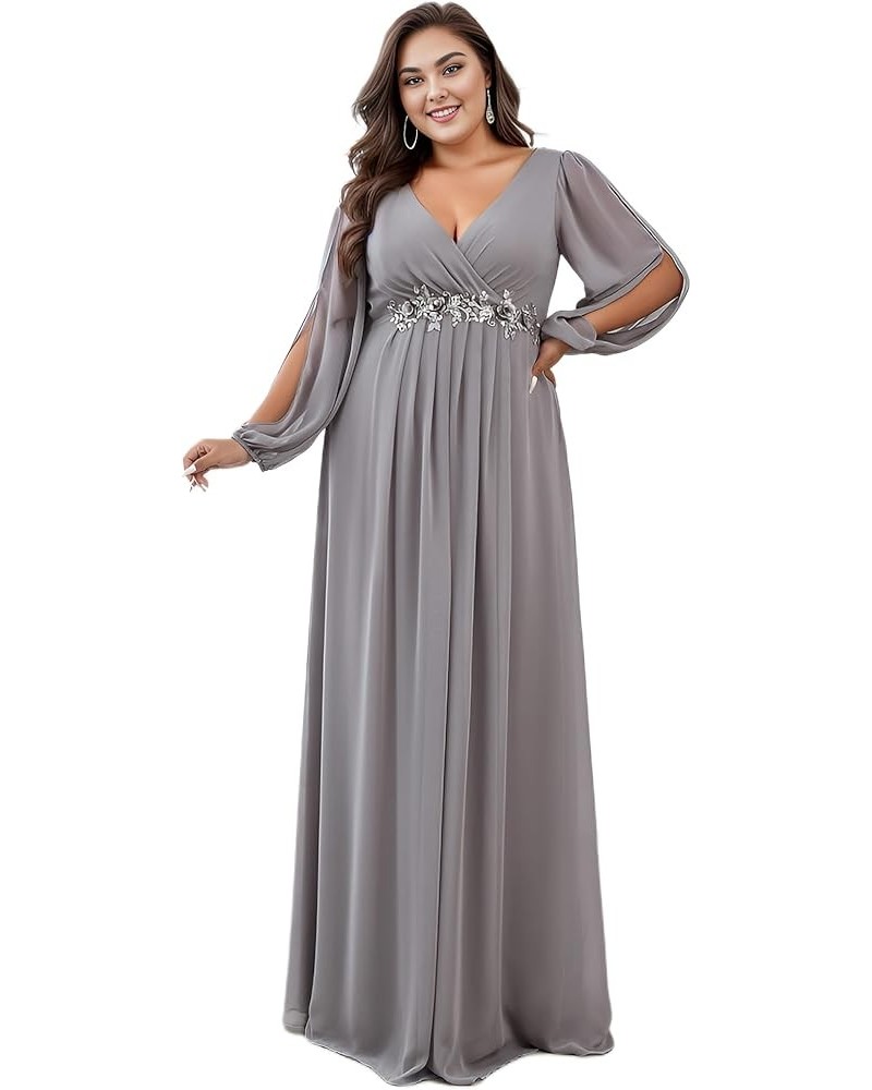 Women's Maxi V Neck Long Slit Sleeves Floral Applique Formal Evening Dress Plus Size 00461 Gray $35.26 Dresses