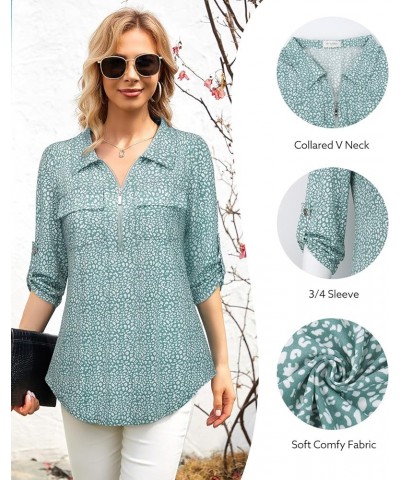 Women's 3/4 Sleeve Collared Blouses Business Casual Zip Front V Neck Loose Fit Tunic Tops Green Dots $17.67 Blouses