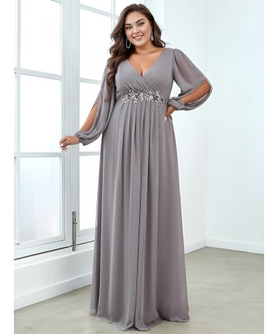 Women's Maxi V Neck Long Slit Sleeves Floral Applique Formal Evening Dress Plus Size 00461 Gray $35.26 Dresses