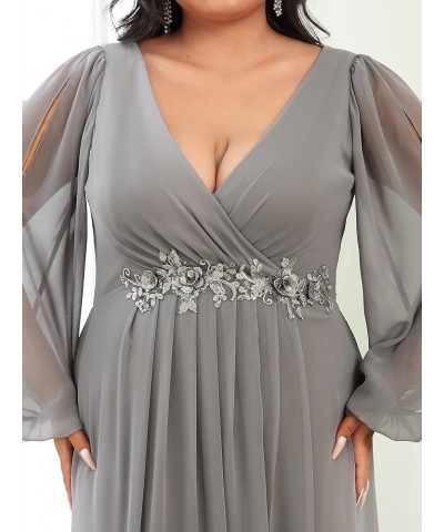 Women's Maxi V Neck Long Slit Sleeves Floral Applique Formal Evening Dress Plus Size 00461 Gray $35.26 Dresses