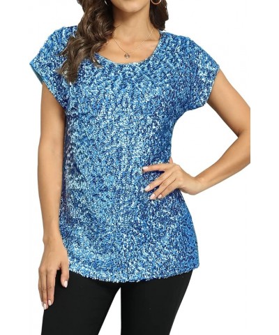 Women's Sequin Top Shimmer Glitter Loose Bat Sleeve Party Tunic Tops Lake Blue $12.40 Tops