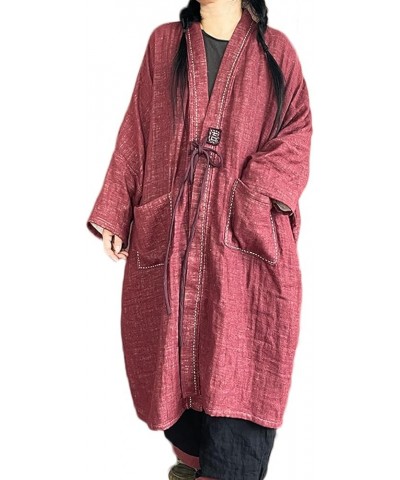 Women's Trench Coat Open Front Cardigan Jacket Retro Classy Woven Cotton Linen Patchwork Outwear Red $37.73 Coats