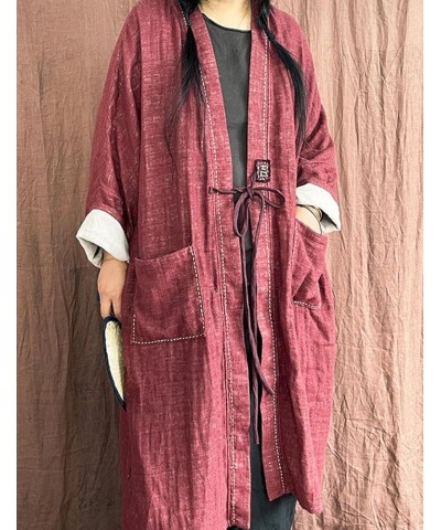 Women's Trench Coat Open Front Cardigan Jacket Retro Classy Woven Cotton Linen Patchwork Outwear Red $37.73 Coats