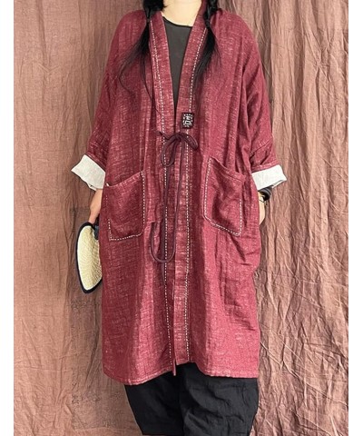 Women's Trench Coat Open Front Cardigan Jacket Retro Classy Woven Cotton Linen Patchwork Outwear Red $37.73 Coats