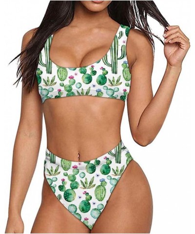 Women Printed Two Pieces High Waisted Cheeky Bikini Sets Low Scoop Crop Swimsuit Pattern-15 $12.00 Swimsuits