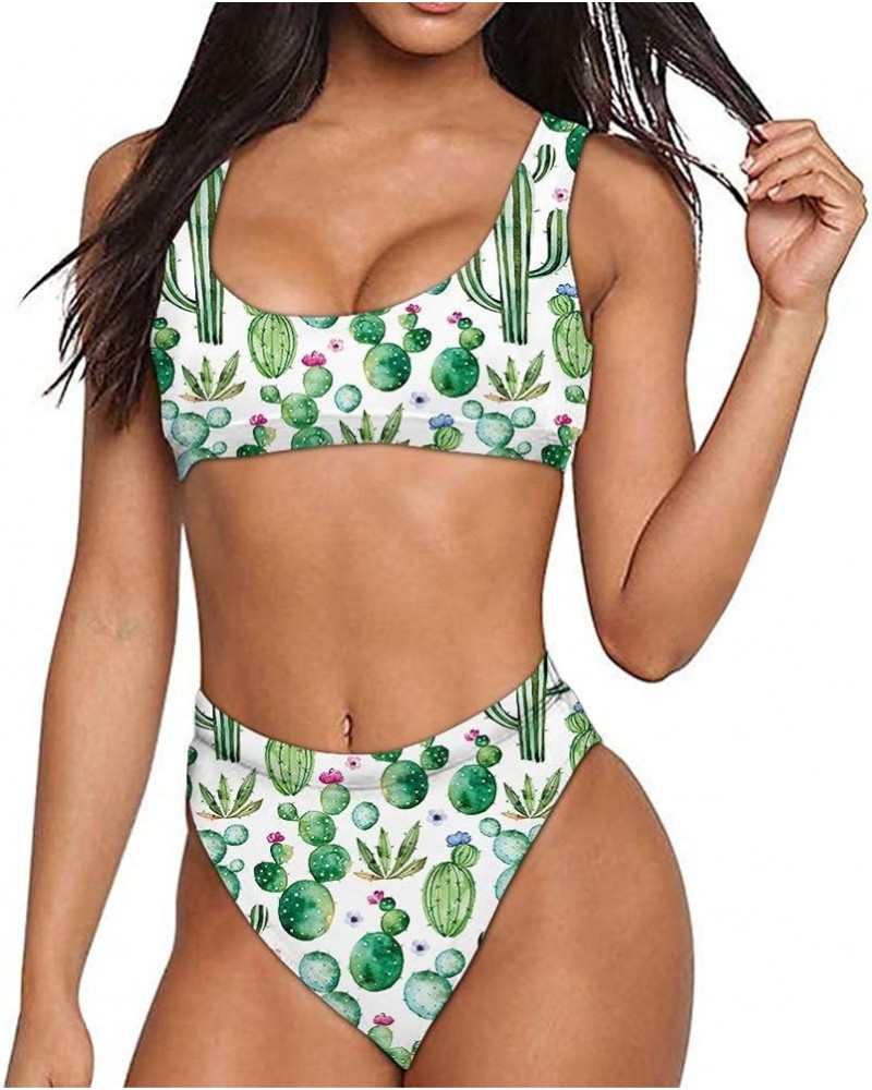 Women Printed Two Pieces High Waisted Cheeky Bikini Sets Low Scoop Crop Swimsuit Pattern-15 $12.00 Swimsuits