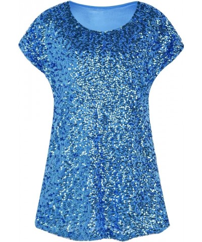 Women's Sequin Top Shimmer Glitter Loose Bat Sleeve Party Tunic Tops Lake Blue $12.40 Tops