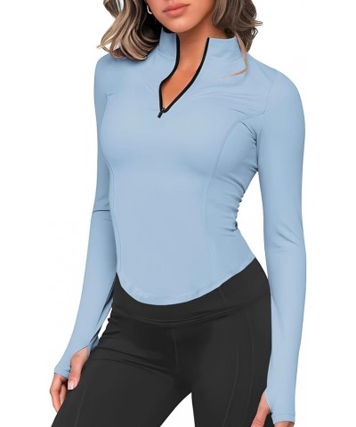 Women's Long Sleeve Workout Tops Quarter Zip Pullover Workout Jacket Cropped Athletic Running Shirts with Thumb Holes Blue $1...