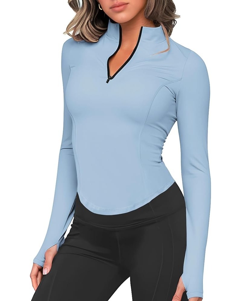 Women's Long Sleeve Workout Tops Quarter Zip Pullover Workout Jacket Cropped Athletic Running Shirts with Thumb Holes Blue $1...