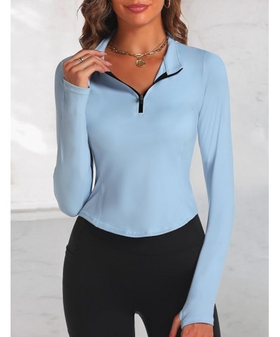 Women's Long Sleeve Workout Tops Quarter Zip Pullover Workout Jacket Cropped Athletic Running Shirts with Thumb Holes Blue $1...