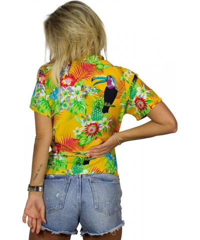 Funky Casual Hawaiian Blouse Shirt for Women Front Pocket Button Down Very Loud Shortsleeve Small Flower Print Parrot Cockato...