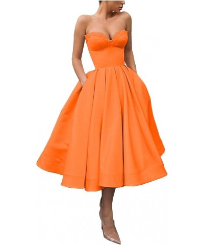 Sweetheart Strapless Short Homecoming Dresses Satin A-line Prom Party Gowns with Pockets Orange $33.37 Dresses