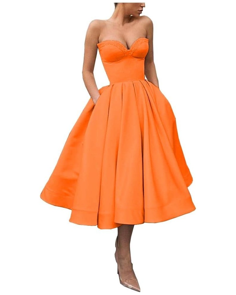 Sweetheart Strapless Short Homecoming Dresses Satin A-line Prom Party Gowns with Pockets Orange $33.37 Dresses