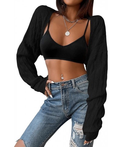 Women's Long Sleeve Open Front Knit Crop Cardigan Sweater Black $17.10 Sweaters