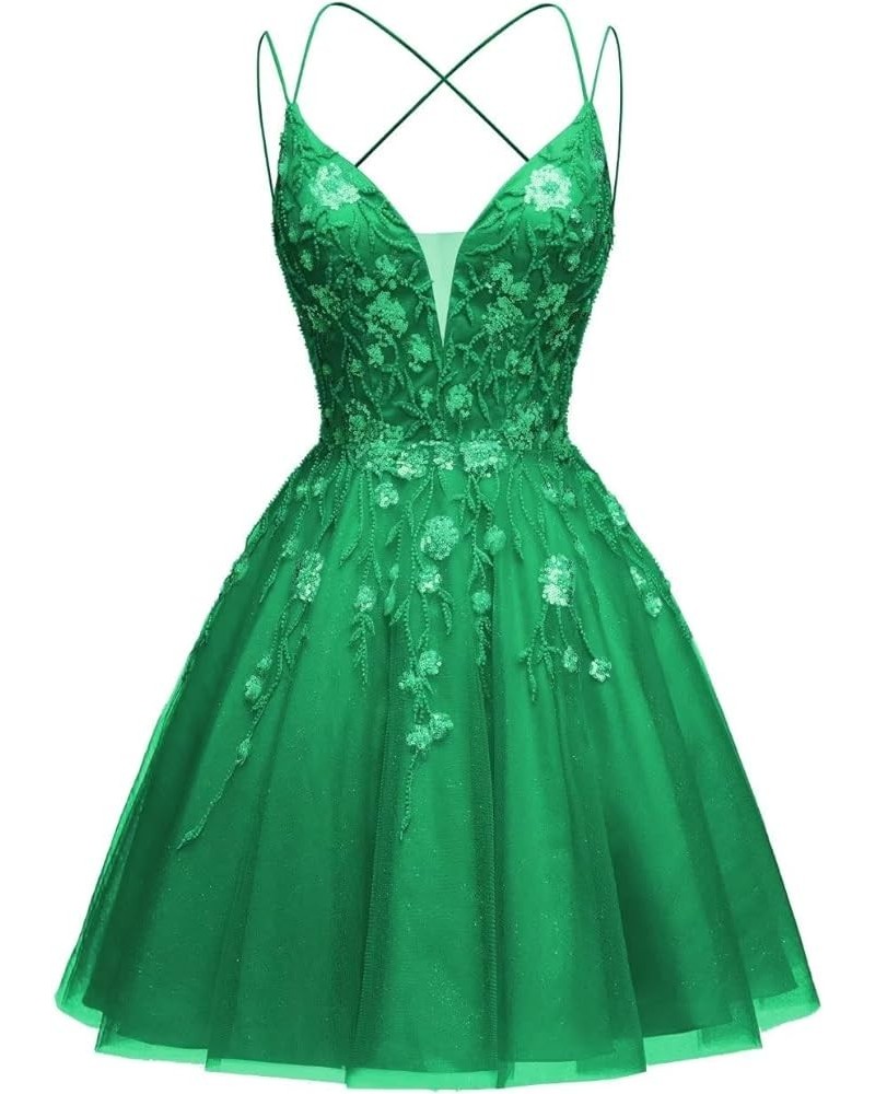 Floral Tulle Homecoming Dresses Sparkly Sequin Applique Short Prom Dress Spaghetti Straps V Neck Formal Gowns Green $40.80 Dr...