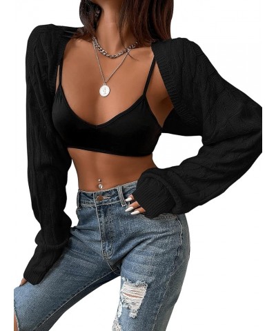 Women's Long Sleeve Open Front Knit Crop Cardigan Sweater Black $17.10 Sweaters