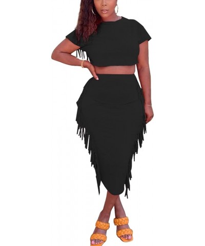 Sexy Summer Two Piece Outfits for Women Bodycon Club Dresses Tassel Ruched Crop Tops Cocktail Party Midi Skirt Set Black $18....