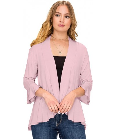 Women's Open Ruffle Hem 3/4 Bell Sleeve Cardigan (Size: S- 5X) Dust Pink $16.16 Sweaters