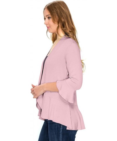 Women's Open Ruffle Hem 3/4 Bell Sleeve Cardigan (Size: S- 5X) Dust Pink $16.16 Sweaters