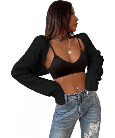 Women's Long Sleeve Open Front Knit Crop Cardigan Sweater Black $17.10 Sweaters