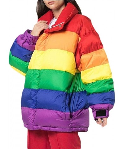 Women Winter Quilted Jacket Thicken Rainbow Stripes Jacket Outdoor Jacket 1 $34.78 Jackets