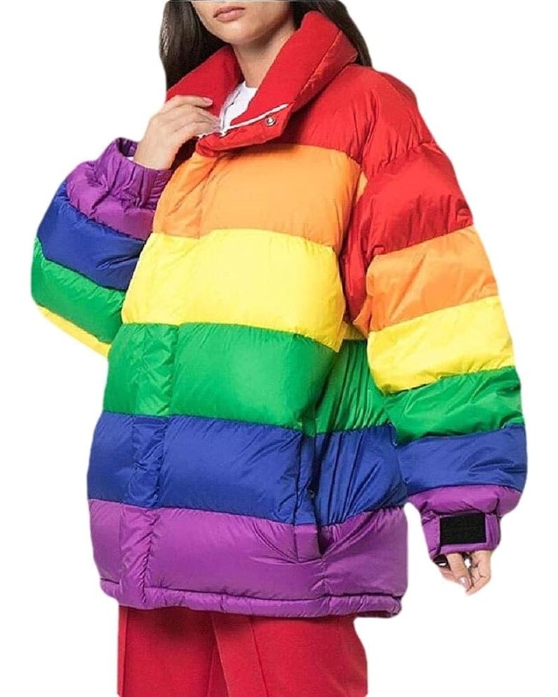 Women Winter Quilted Jacket Thicken Rainbow Stripes Jacket Outdoor Jacket 1 $34.78 Jackets