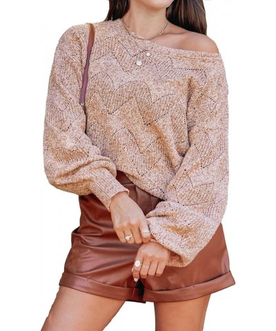 Women's Long Sleeve Scoop Neck Crochet Sweater Solid Fall Winter Casual Knit Pullover Sweater Brown $15.16 Sweaters