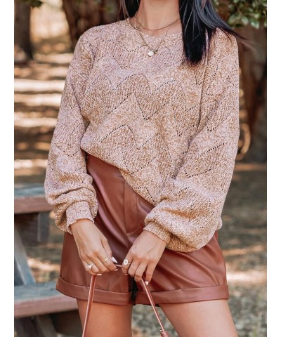 Women's Long Sleeve Scoop Neck Crochet Sweater Solid Fall Winter Casual Knit Pullover Sweater Brown $15.16 Sweaters