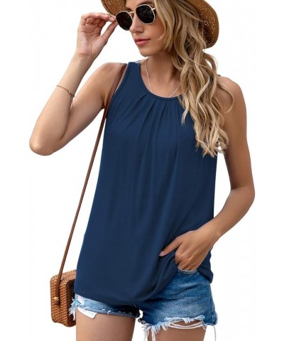 Women's Summer Sleeveless Pleated Back Closure Casual Tank Tops A-04- Navy Blue $11.00 Tops