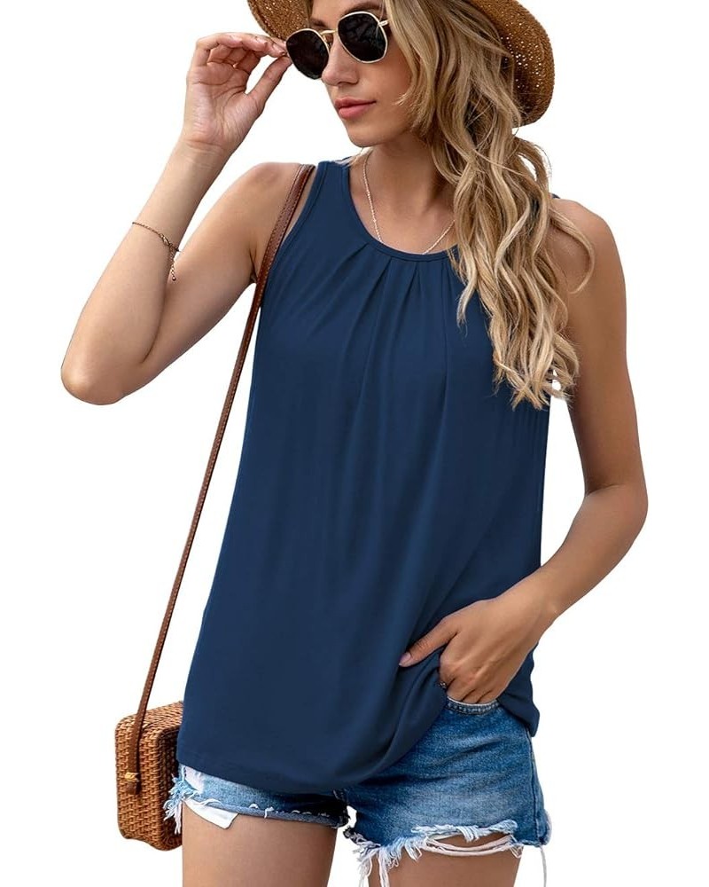 Women's Summer Sleeveless Pleated Back Closure Casual Tank Tops A-04- Navy Blue $11.00 Tops