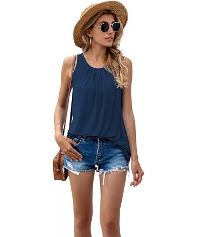 Women's Summer Sleeveless Pleated Back Closure Casual Tank Tops A-04- Navy Blue $11.00 Tops