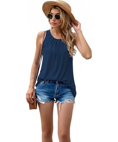 Women's Summer Sleeveless Pleated Back Closure Casual Tank Tops A-04- Navy Blue $11.00 Tops