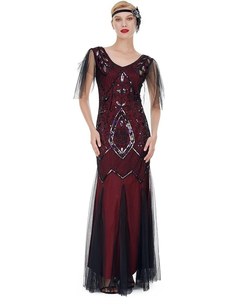 1920s Floor-Length V-Back Sequined Embellished Prom Evening Dress D20S004 025burgundy Black $22.68 Dresses