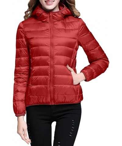 Womens Puffer Jacket Lightweight Full-Zip Quilted Pullover Plus Size Thermal Winter Coat with Hood Pockets Red $13.24 Jackets