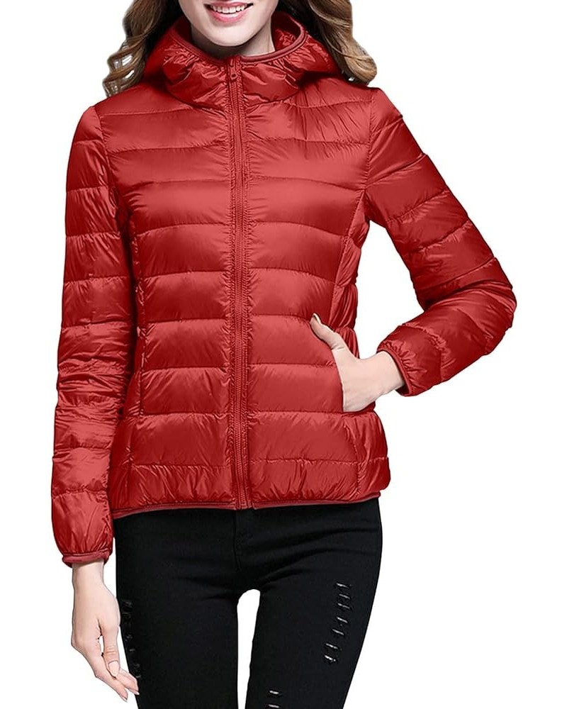 Womens Puffer Jacket Lightweight Full-Zip Quilted Pullover Plus Size Thermal Winter Coat with Hood Pockets Red $13.24 Jackets