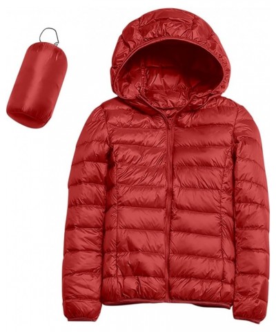 Womens Puffer Jacket Lightweight Full-Zip Quilted Pullover Plus Size Thermal Winter Coat with Hood Pockets Red $13.24 Jackets