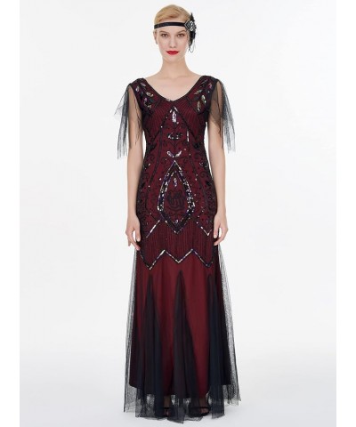 1920s Floor-Length V-Back Sequined Embellished Prom Evening Dress D20S004 025burgundy Black $22.68 Dresses