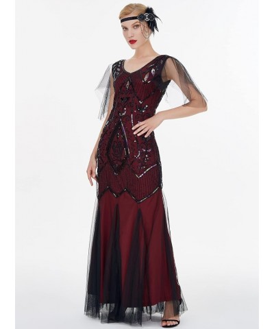 1920s Floor-Length V-Back Sequined Embellished Prom Evening Dress D20S004 025burgundy Black $22.68 Dresses