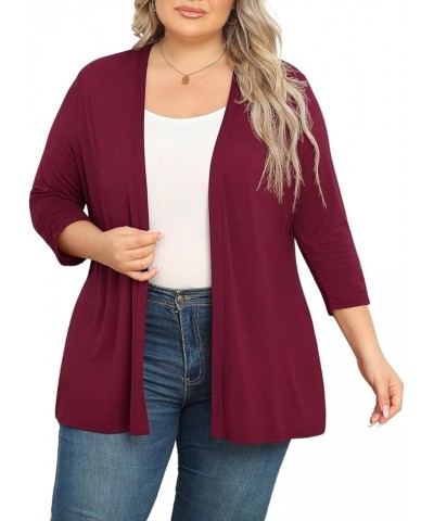 Women's Plus Size Casual Lightweight Open Front Cardigans Soft Draped 3/4 Sleeve Cardigan Wine Red $15.65 Sweaters