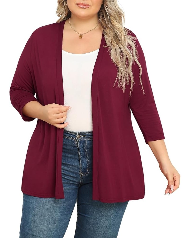 Women's Plus Size Casual Lightweight Open Front Cardigans Soft Draped 3/4 Sleeve Cardigan Wine Red $15.65 Sweaters