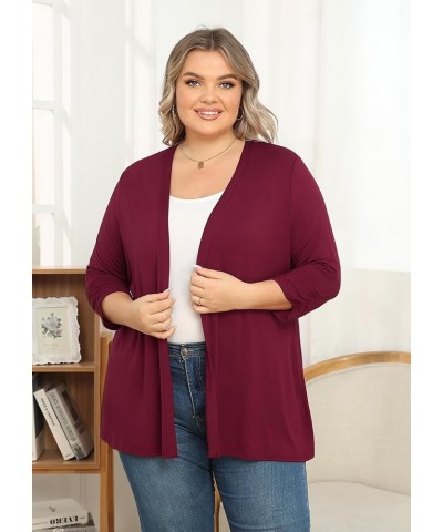 Women's Plus Size Casual Lightweight Open Front Cardigans Soft Draped 3/4 Sleeve Cardigan Wine Red $15.65 Sweaters