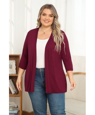 Women's Plus Size Casual Lightweight Open Front Cardigans Soft Draped 3/4 Sleeve Cardigan Wine Red $15.65 Sweaters