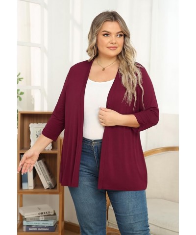 Women's Plus Size Casual Lightweight Open Front Cardigans Soft Draped 3/4 Sleeve Cardigan Wine Red $15.65 Sweaters