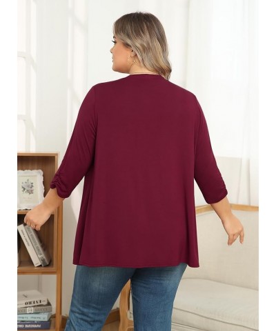 Women's Plus Size Casual Lightweight Open Front Cardigans Soft Draped 3/4 Sleeve Cardigan Wine Red $15.65 Sweaters