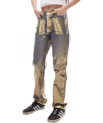 Women's Metallic Mid Rise Silver Jeans Straight Fit Gold Plating Denim Pants Gold $18.00 Jeans