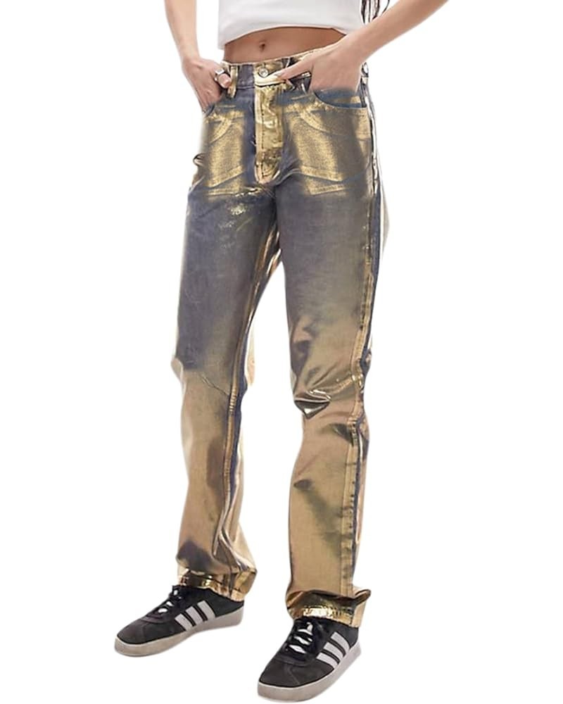 Women's Metallic Mid Rise Silver Jeans Straight Fit Gold Plating Denim Pants Gold $18.00 Jeans