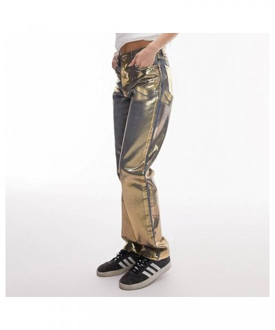 Women's Metallic Mid Rise Silver Jeans Straight Fit Gold Plating Denim Pants Gold $18.00 Jeans