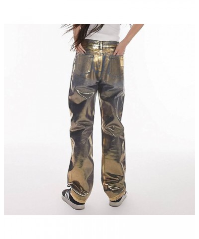 Women's Metallic Mid Rise Silver Jeans Straight Fit Gold Plating Denim Pants Gold $18.00 Jeans