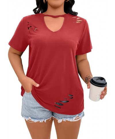 Womens Plus Size Tops Summer Casual Cut Out V Neck Short Sleeve Tunic T Shirts Distressed Tees Pure Red $9.60 T-Shirts