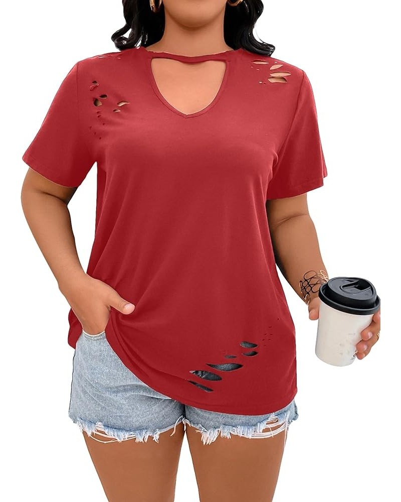 Womens Plus Size Tops Summer Casual Cut Out V Neck Short Sleeve Tunic T Shirts Distressed Tees Pure Red $9.60 T-Shirts